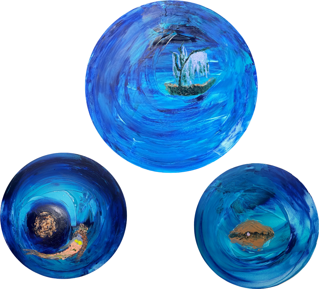 die Trilogie von Zeus, 2026, Acrylic, Oil · 80 / 50 / 50 × 2 cm · round
